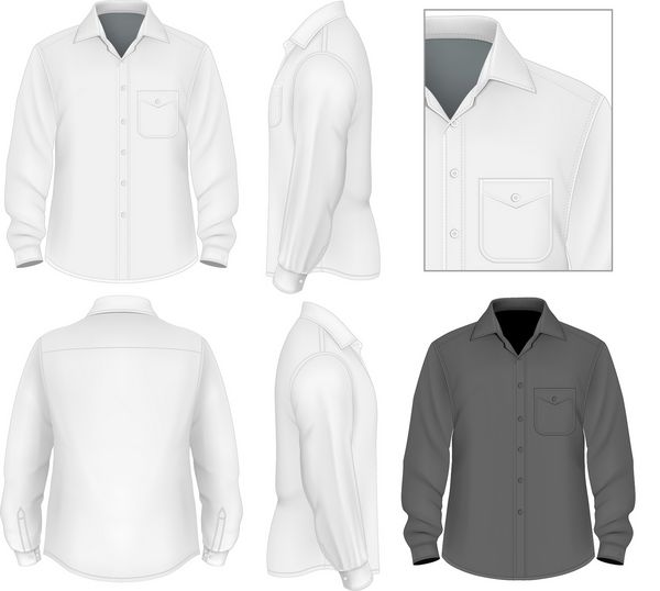 وکتور پو رئالیستی الگوی طرح آستین بلند پیراهن دکمه دار مردانه نمای جلو نمای پشت و پهلو تصویر شامل مش گرادیان است