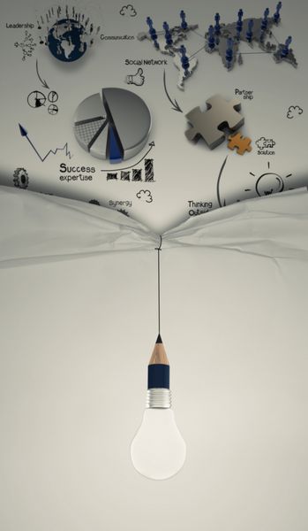 لامپ مداد با طناب کاغذ چروک باز را بکشید استراتژی کسب و کار را به عنوان مفهوم نشان می دهد