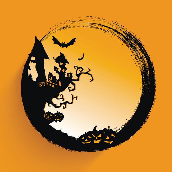 پوستر مبارک هالووین بنر یا بروشور با کدو تنبل های ترسناک خانه خالی از سکنه خفاش های پرنده و sp برای متن شما