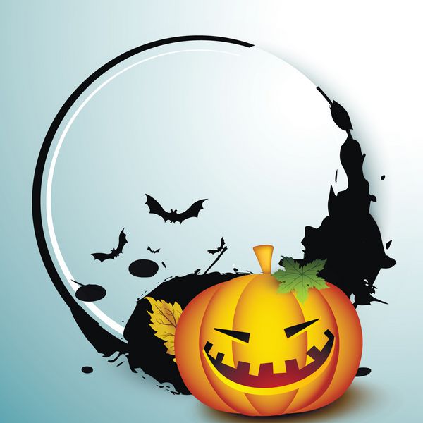 پوستر بنر یا بروشور مبارک هالووین با کدو تنبل خندان و خفاش پرنده با sp برای متن شما