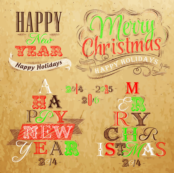 مجموعه حروف کریسمس و سال نو مبارک از درخت کریسمس از حروف تلطیف شده برای نقاشی روی کاغذ کرافت قرمز قهوه ای سبز بردار