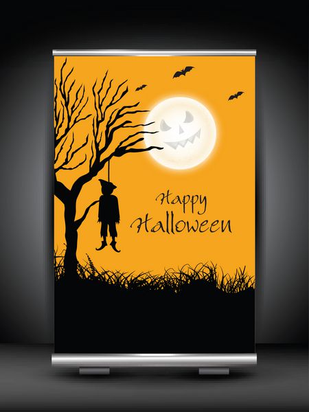 بنر ترسناک استند شب هالووین با جسد آویزان از درخت مرده برای مهمانی های شب هالووین
