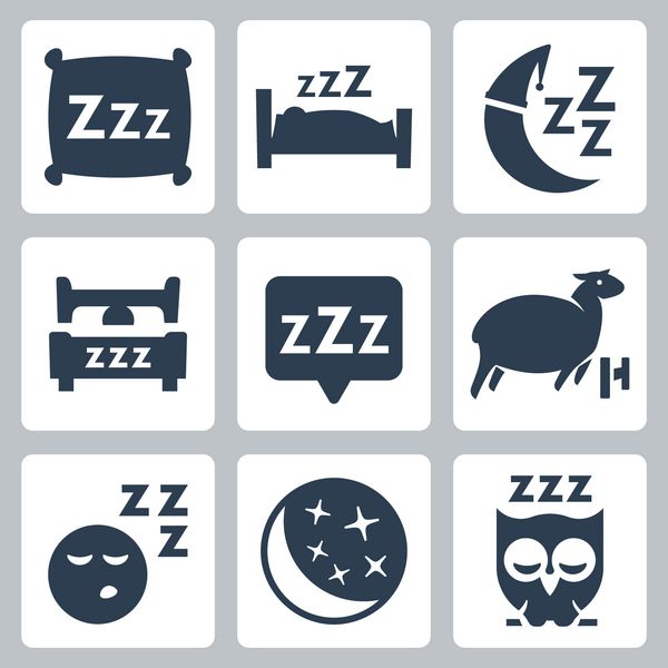 مجموعه نمادهای مفهوم خواب جدا شده بردار بالش تخت ماه گوسفند جغد zzz