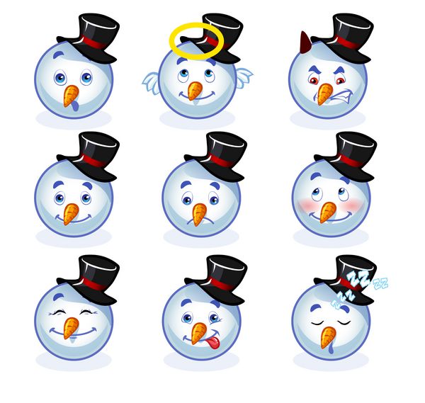 مجموعه لبخند آدم برفی وکتور بر روی زمینه سفید عنصر طراحی برای کارت های کریسمس