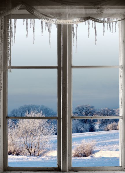 چشم انداز زیبای زمستانی با یخبندان در بوته ها و درختان از پنجره قدیمی با یخ دیده می شود