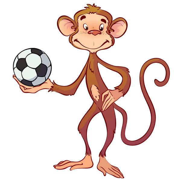 میمون کارتونی زیبا با توپ فوتبال وکتور بر روی زمینه سفید