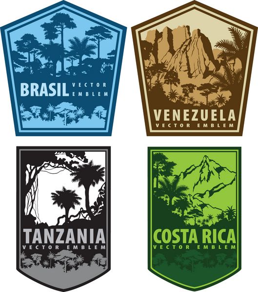 مجموعه وکتور نمادهای جنگلی قدیمی برزیل کاستاریکا ونزوئلا و تانزانیا روی سپر