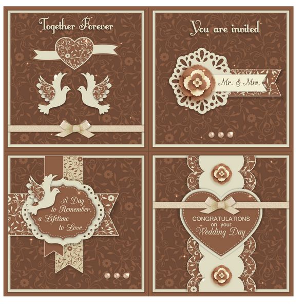 مجموعه ای از چهار پس زمینه عروسی قدیمی با گل های کاغذی کبوترها و عناصر دفترچه یادداشت طراحی مدرن کاردستی کاغذی