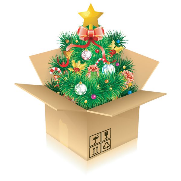 درخت کریسمس با آب نبات شاخه های صنوبر دارواش هدیه در جعبه مقوایی نماد جدا شده روی سفید وکتور