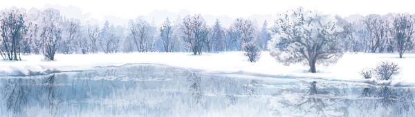 وکتور صحنه زمستانی با پس زمینه رودخانه و جنگل جدا شده روی سفید