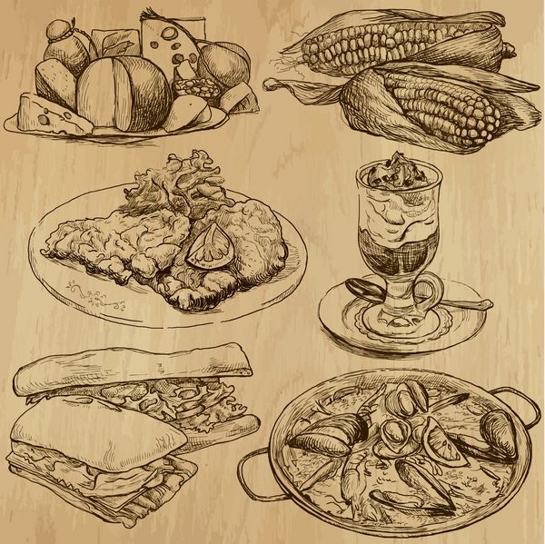 غذا و نوشیدنی در سراسر جهان قسمت 3 مجموعه ای از تصاویر طراحی شده با دست اصل بدون ردیابی توضیحات هر نقاشی از دو لایه خطوط تشکیل شده است پس زمینه رنگی جدا شده است