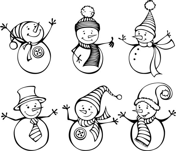 شش آدم برفی جدا شده در پس زمینه سفید آدم برفی کارتونی زیبا در وکتور برای طراحی زمستانی