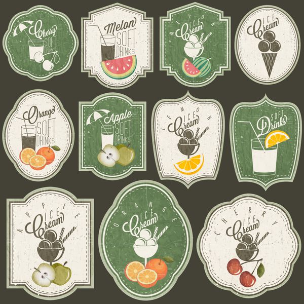 طراحی نوشیدنی های غیر الکلی و بستنی به سبک قدیمی قدیمی مجموعه ای از عناوین و نمادهای خوشنویسی برای طراحی میوه سبک طراحی شده با دست تصاویر پرتقال خربزه سیب و گیلاس برچسب های میوه قدیمی