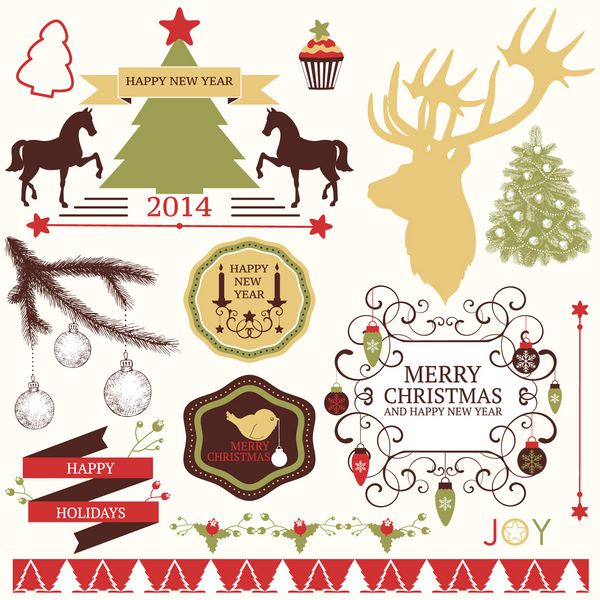 مجموعه وکتور عناصر گرافیکی برای طراحی کریسمس و سال نو در رنگ های رترو