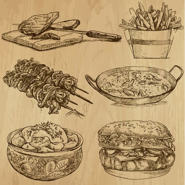 غذا و نوشیدنی در سراسر جهان مجموعه شماره 5 - مجموعه ای از تصاویر طراحی شده با دست توضیحات هر نقاشی از دو لایه خطوط تشکیل شده است پس زمینه رنگی جدا شده است