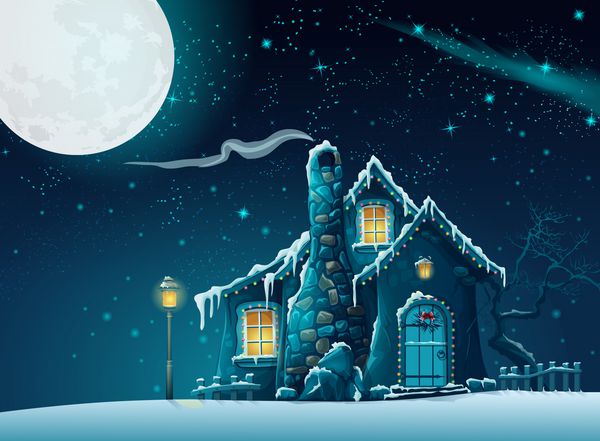 تصویری از یک شب زمستانی با خانه ای افسانه ای در زیر نور مهتاب