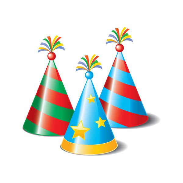 کلاه جشن تولد مخروطی رنگارنگ در وکتور کارتونی سه بعدی