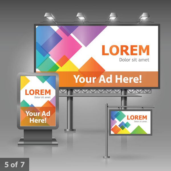 طراحی تبلیغات در فضای باز برای شرکت با عناصر مربع رنگی عناصر لوازم التحریر