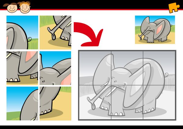 وکتور کارتونی آموزش بازی پازل اره منبت کاری اره مویی برای کودکان پیش دبستانی با حیوان فیل خنده دار