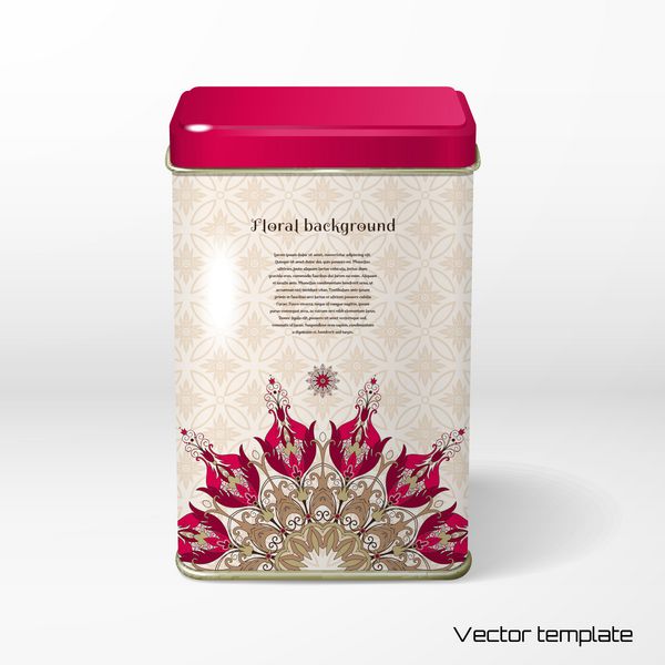 جسم وکتور بسته بندی قلع مربع چای قهوه محصولات خشک الگوی گل گرد زیبا به سبک قدیمی گل با برگ و توت زیور ساده ظریف لطفا برای متن شما