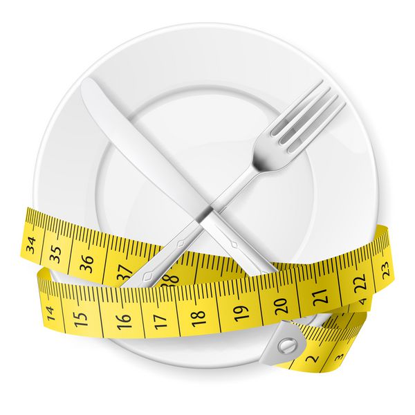 بشقاب با نوار اندازه گیری و فوک و چاقو ضربدری مفهوم رژیم غذایی