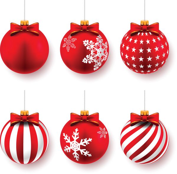 توپ های کریسمس قرمز روی کمان های هدیه ای جدا شده روی سفید تنظیم وکتور