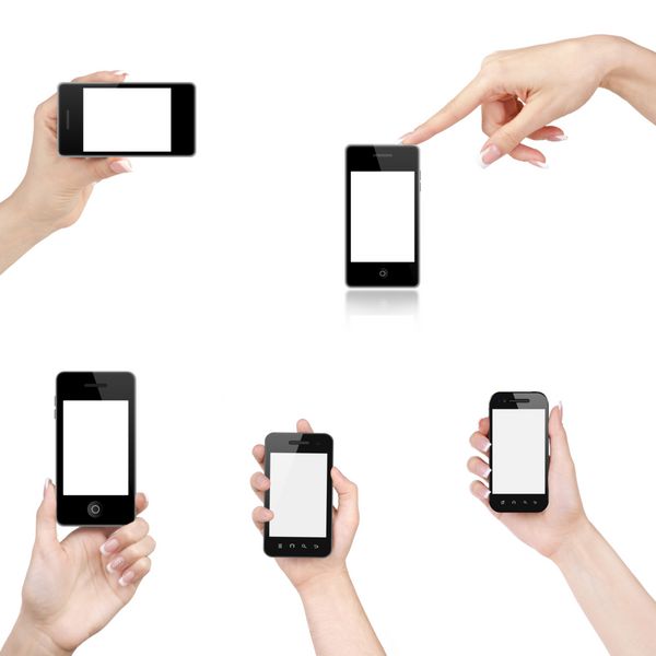 مجموعه ای از دست ها با تلفن هوشمند همراه با صفحه خالی جدا شده در پس زمینه سفید