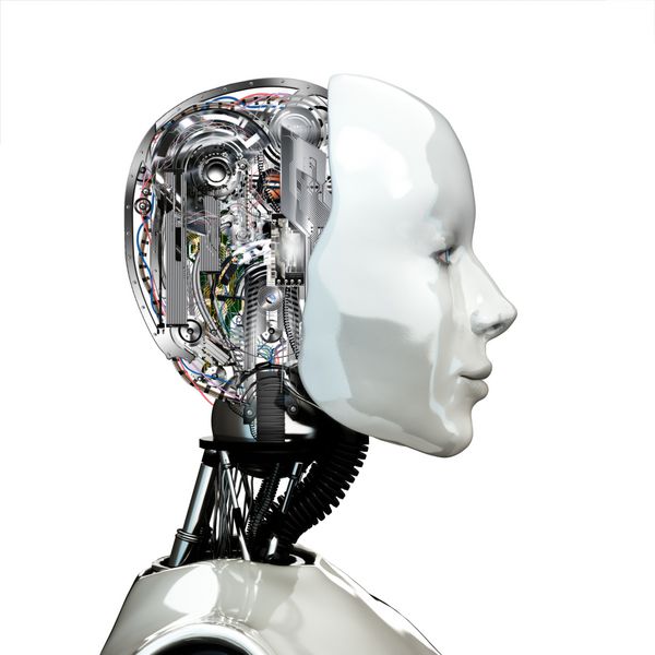 سر زن روباتی با فناوری داخلی نمای جانبی جدا شده در پس زمینه سفید