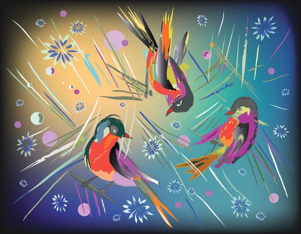 پرندگان انتزاعی در زمینه رنگارنگ با پرها و پرتوهای درخشان تزئینی