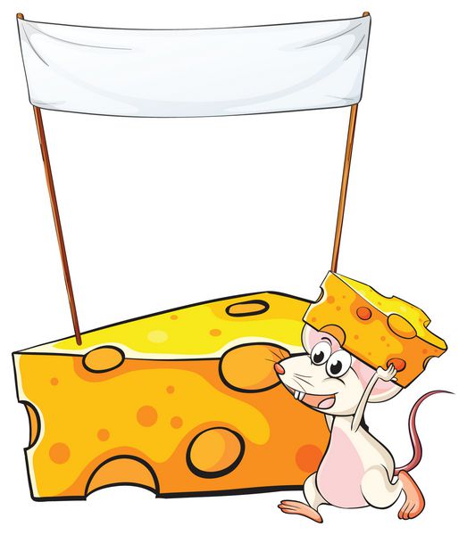 تصویر یک موش که یک تکه پنیر را در زیر بنر خالی روی پس‌زمینه سفید حمل می‌کند