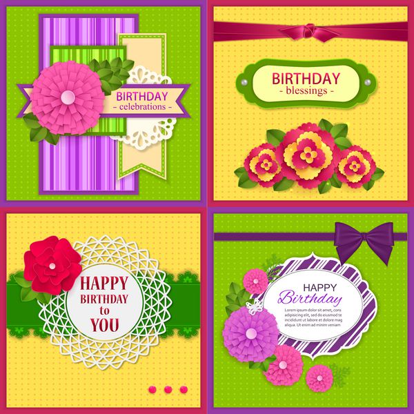 مجموعه ای از چهار پس زمینه تولد با گل های کاغذی و عناصر دفترچه یادداشت طراحی مدرن کاردستی کاغذی این وکتور را می توان به عنوان کارت تبریک یا دعوت نامه عروسی استفاده کرد
