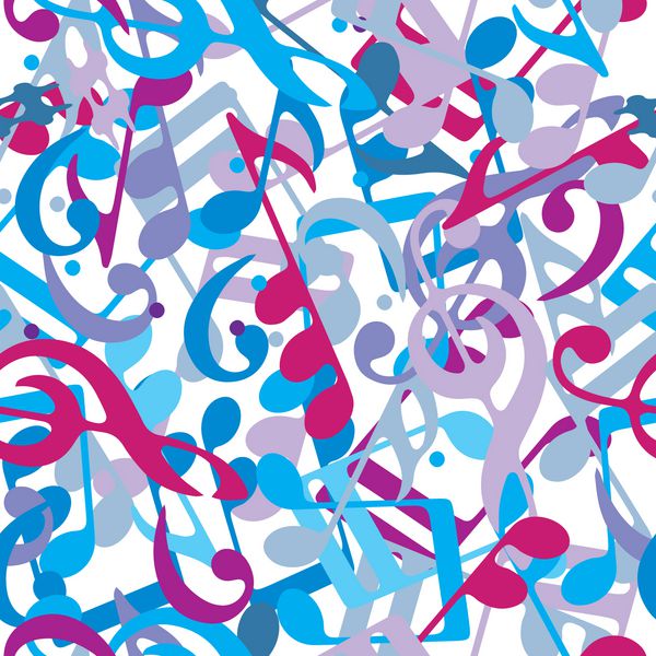 الگوی بدون درز وکتور موسیقی نقطه‌دار رنگارنگ با نت‌های موسیقی آبی در پس‌زمینه سفید
