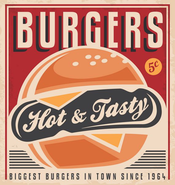 طراحی پوستر تبلیغاتی رترو با برگر خوش طعم و خوشمزه بزرگترین همبرگر شهر از سال 1964 مفهوم خلاقانه منحصر به فرد پس زمینه علامت همبرگر به سبک قدیمی