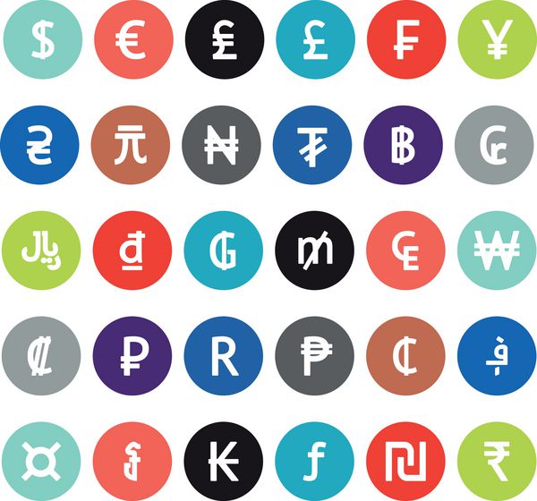 نمادهای ارز وکتور آیکون های پول جهانی تخت مدرن روشن و رنگی