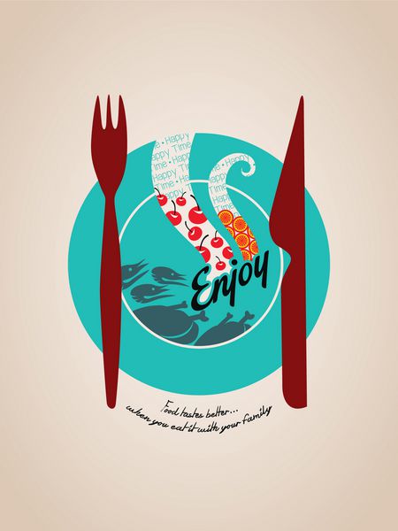 بشقاب تصویری مفهومی غذای شاد با گرافیک چنگال و چاقو