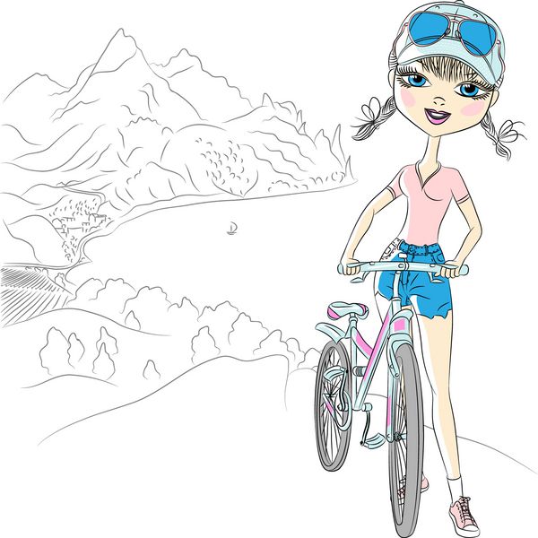 وکتور توریست دختر هیپستر مد روز با دوچرخه در کوه های نزدیک دریا