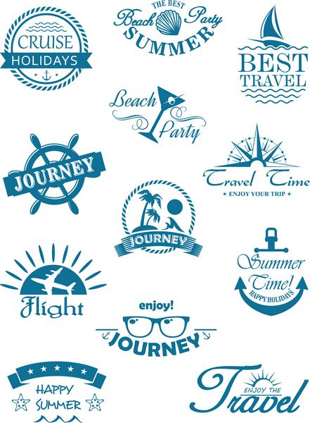 مجموعه ای از نمادهای سفر به رنگ آبی که سفر سفر تابستان مهمانی ساحلی پروازها و سفرهای دریایی را برای استفاده در صنعت توریست برای تبلیغ آن تعطیلات تابستانی استوایی فراموش نشدنی به تصویر می کشد