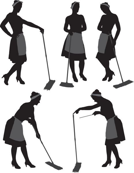 سیلوئت زن خدمتکار نظافتچی بزرگسال با موبر و کف تمیزکننده یکنواخت جدا شده در زمینه سفید