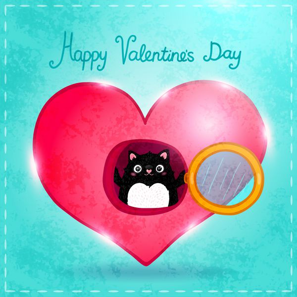کارت روز گربه سیاه چاق کارتونی زیبا در خانه ای به شکل قلب