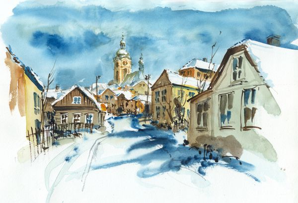 خیابان و کلیسا در زمستان تصاویر آبرنگ