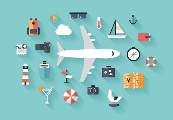 مجموعه نمادهای وکتور مدرن به سبک طراحی مسطح از سفر در هواپیما برنامه ریزی برای تعطیلات تابستانی اشیاء گردشگری و سفر و چمدان مسافر جدا شده در پس زمینه شیک