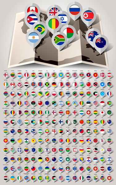 نقشه جهان 192 نشانگر با پرچم وکتور