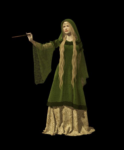 گرافیک کامپیوتری سه بعدی پری با عصای جادویی در لباس قرون وسطایی