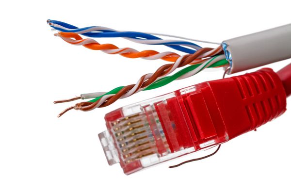 cable cat 5 و عنصر اتصال شبکه ایزوله شده در پس زمینه سفید