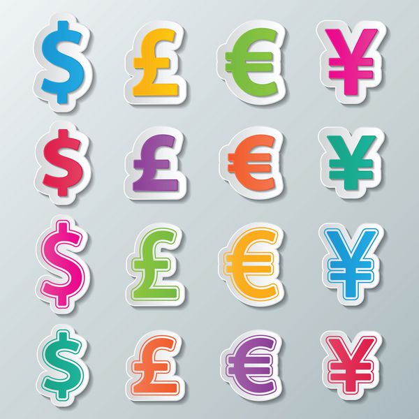 مجموعه ای از نمادهای رنگارنگ دلار پوند یورو و ارز ین بردار