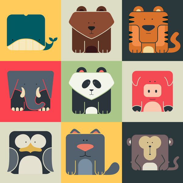 نمادهای مربع مسطح از حیوانات زیبا را در پس زمینه رنگی تنظیم کنید لوگوهای طبیعت وحشی