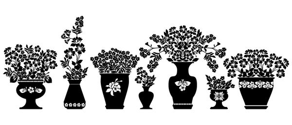 مجموعه ای از سیلوئت های گل در گلدان و گلدان رنگ سیاه و سفید وکتور