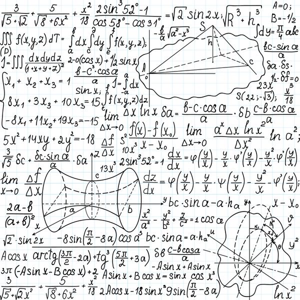 الگوی بدون درز بردار ریاضی زیبا با شکل ها فرمول ها و معادلات دست نویس بر روی کاغذ کپی شما می توانید از هر رنگ پس زمینه استفاده کنید