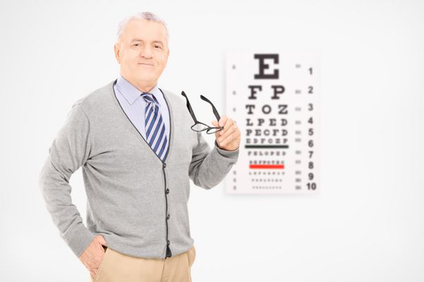 مرد بالغی که یک جفت عینک در مقابل تست بینایی در دست گرفته است