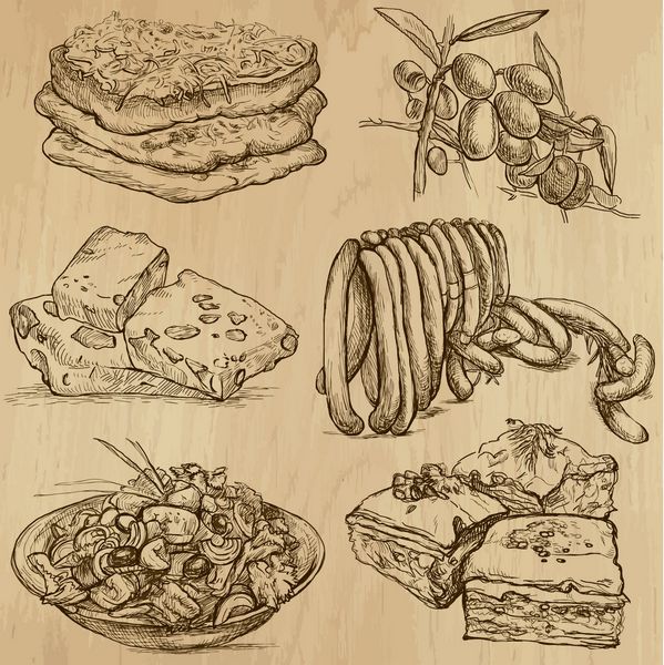 غذا و نوشیدنی در سراسر جهان مجموعه شماره 8 - مجموعه ای از تصاویر طراحی شده با دست توضیحات هر نقاشی از دو لایه خطوط تشکیل شده است پس زمینه رنگی جدا شده است
